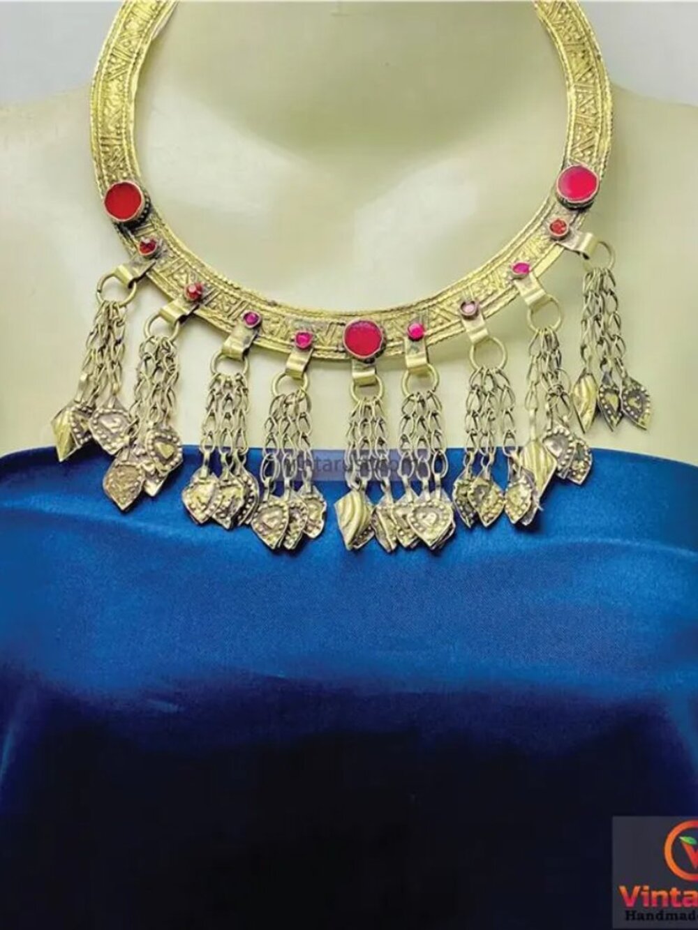Rare Vintage Afghan Torque Necklace: Tribal Kuchi Jewelry with Red Stones & Chai